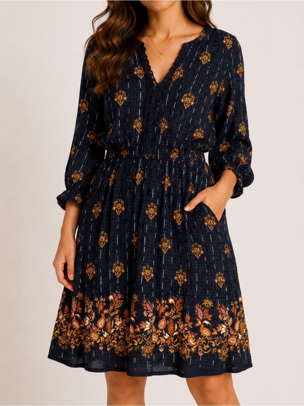 Market & Spruce Women's Navy/gold Floral Border Midi Dress SZ SM lined BoHo
